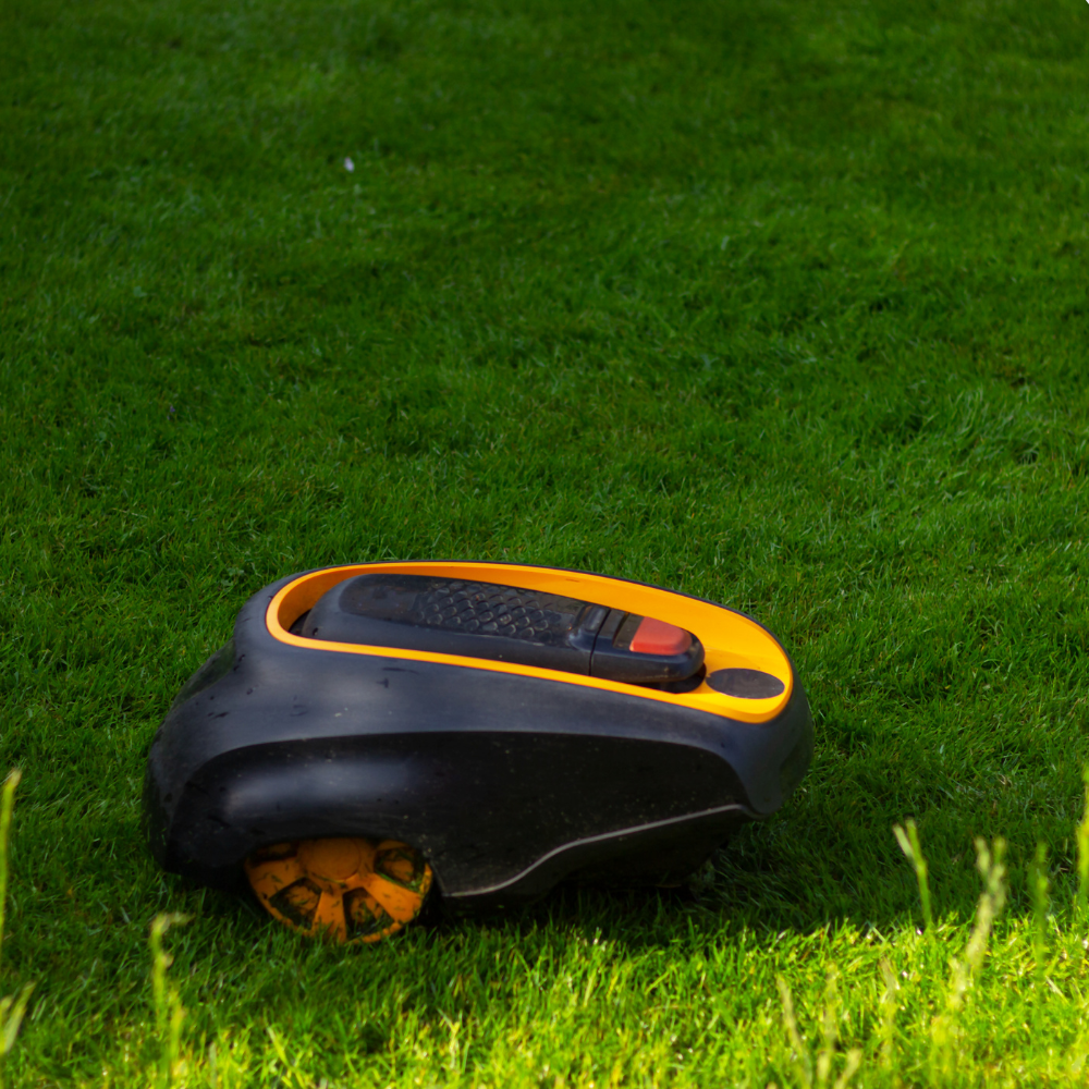 Moderner Mähroboter auf frisch gemähtem Rasen in einem Privatgarten in Vechta
