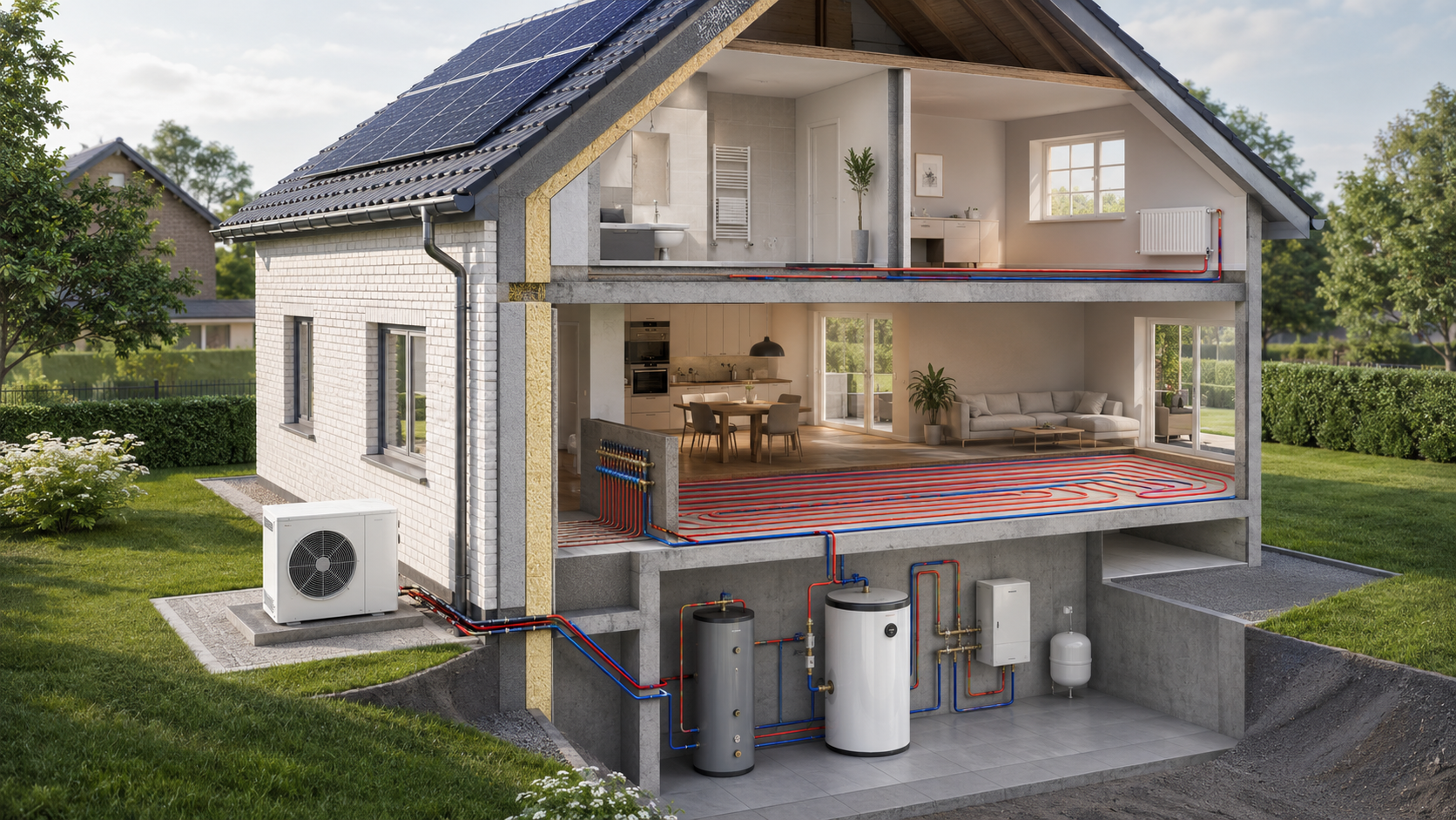 Modernes Wärmepumpen-Außengerät neben einem sanierten Einfamilienhaus — Greenwork Heizungsförderung Vechta
